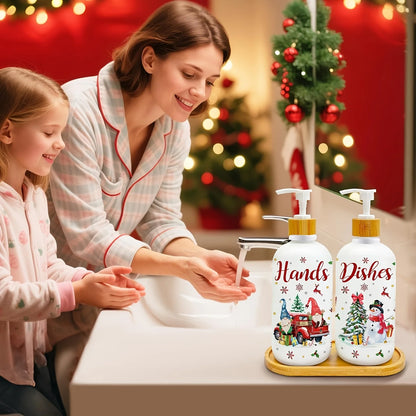 Lot de 2 distributeurs de savon gnomes de Noël avec plateau – Décoration de fêtes pour cuisine et salle de bain