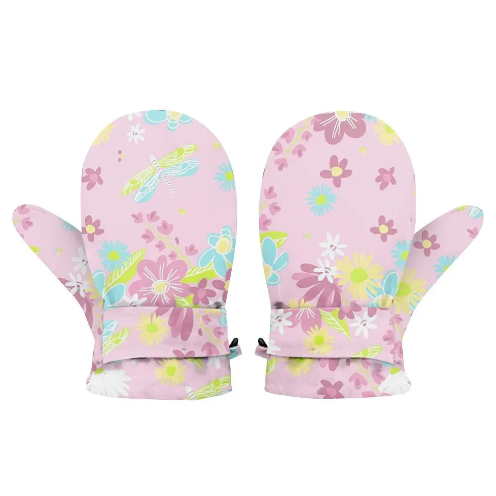 Kids' Floral Fleece-Lined Snow Mittens with Anti-Lost Clip