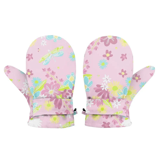 Kids' Floral Fleece-Lined Snow Mittens with Anti-Lost Clip