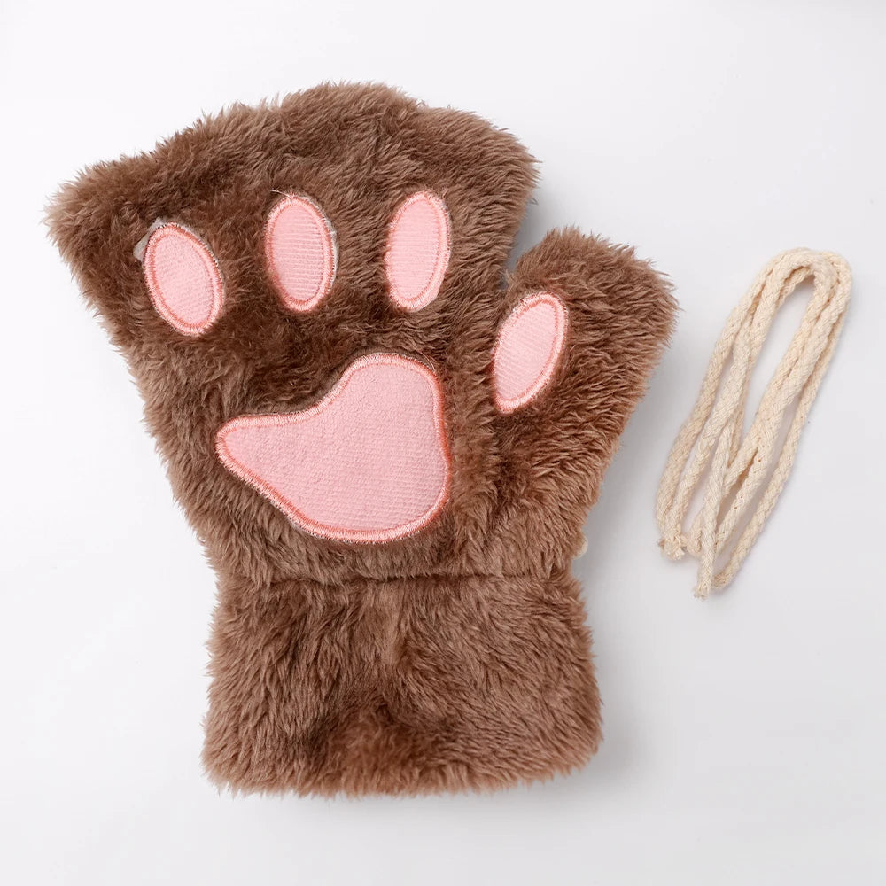Women's Plush Cat Paw Fingerless Gloves