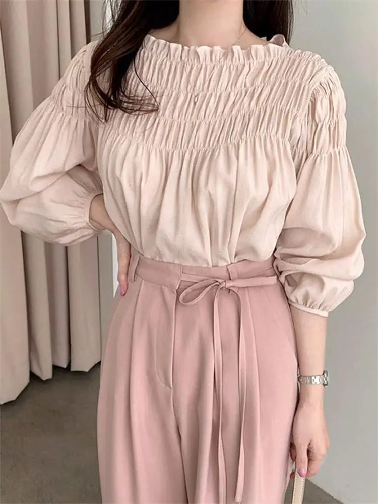 Korean Chic Sweet Elegant Chiffon Blouse With Puff Sleeves Round Neck Pleated Design for Women's Summer Shirts Loose Casual Top