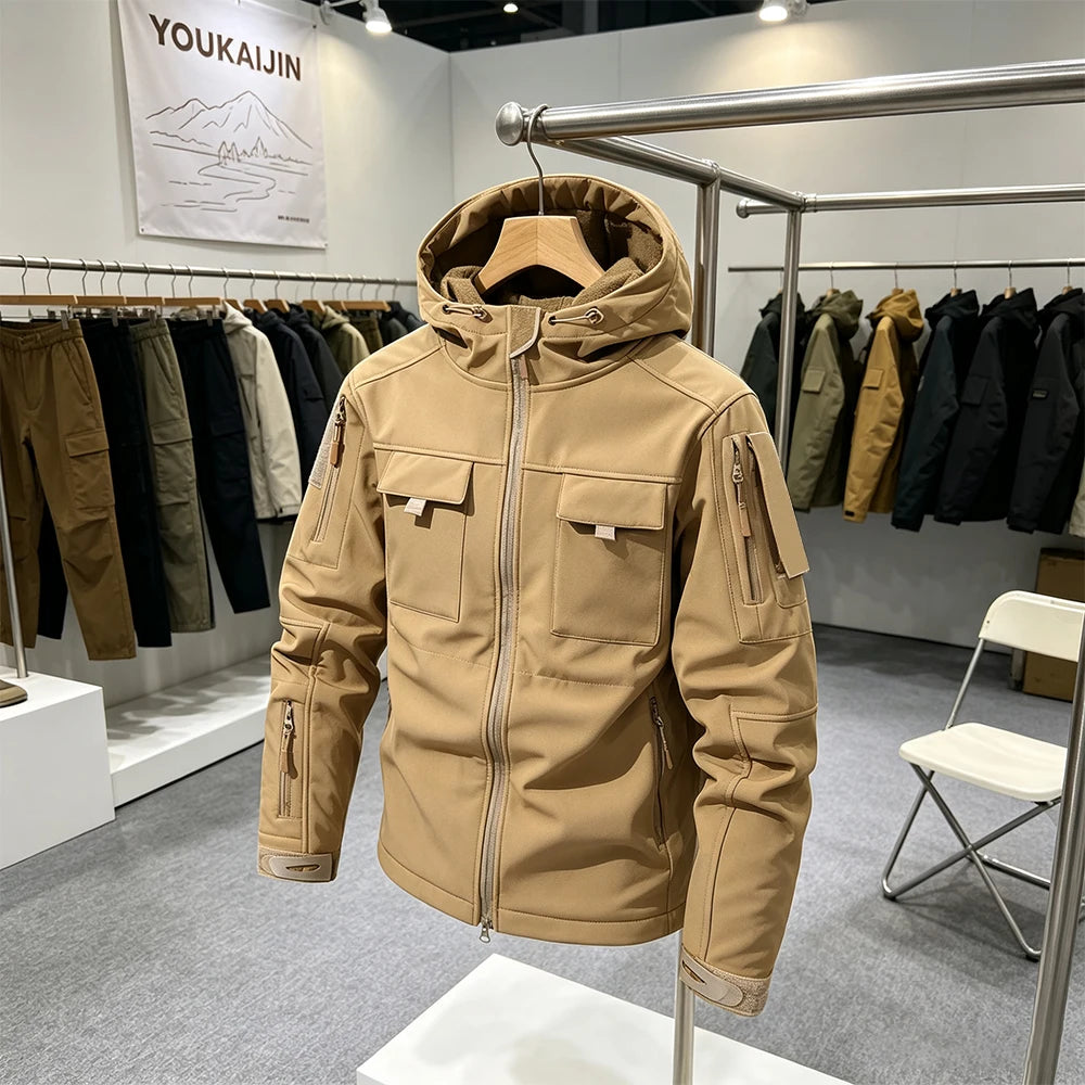 Men's Military Soft Shell Tactical Jacket Winter Warm Fleece Hunting Jackets Outdoor Hiking Fishing Hooded Multi-pockets Coat