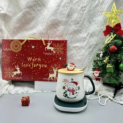 Santa Mug Warmer Gift Set – Ceramic Mug with Lid, Spoon & 55°C Warming Coaster