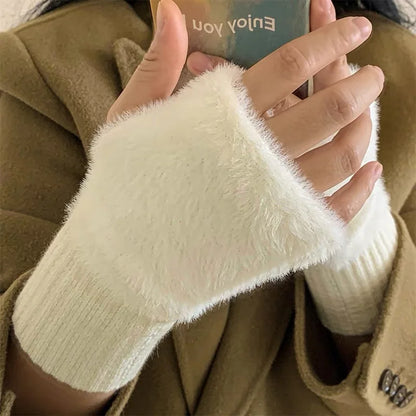 Guantes tejidos de felpa sin dedos para mujer – Calentadores de muñeca suaves