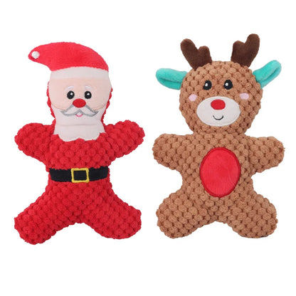 Plüsch-Kauspielzeug für Hunde mit Quietschgeräusch, Weihnachtsmotiv mit Nikolaus, Rentier, Lebkuchenmännchen und Donut, Weihnachts-Plüschspielzeug für Katzen und Hunde, Quietsche-Haustierspielzeug