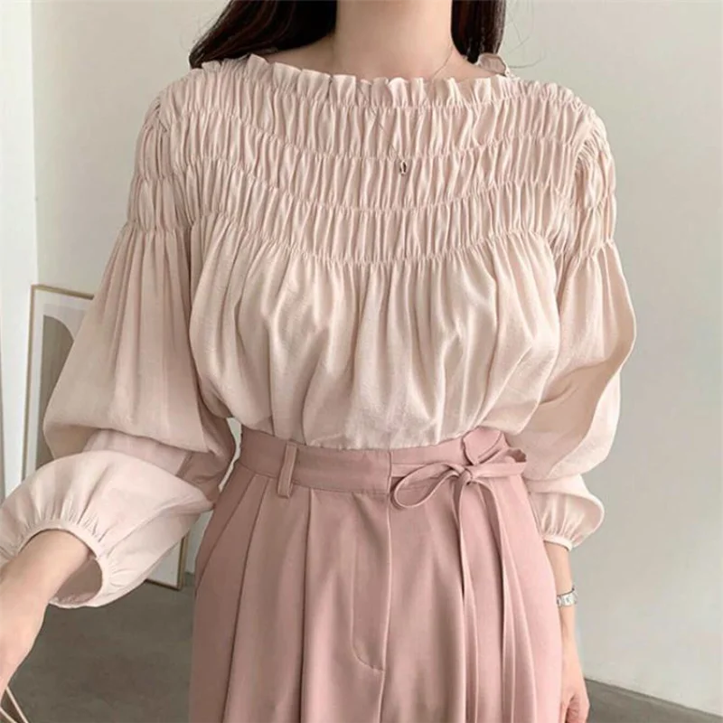 Korean Chic Sweet Elegant Chiffon Blouse With Puff Sleeves Round Neck Pleated Design for Women's Summer Shirts Loose Casual Top