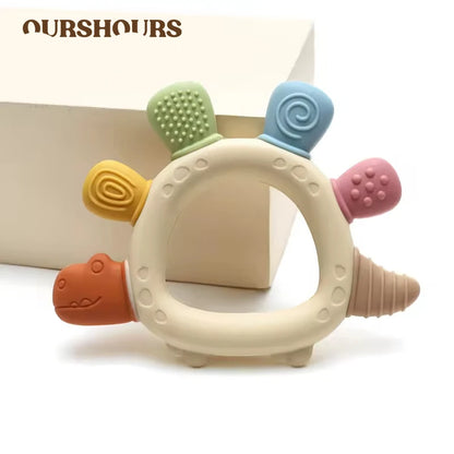 Anneau de dentition en silicone bébé dinosaure – Jouet de mastication pour nourrisson sans BPA, facile à saisir et cadeau de naissance