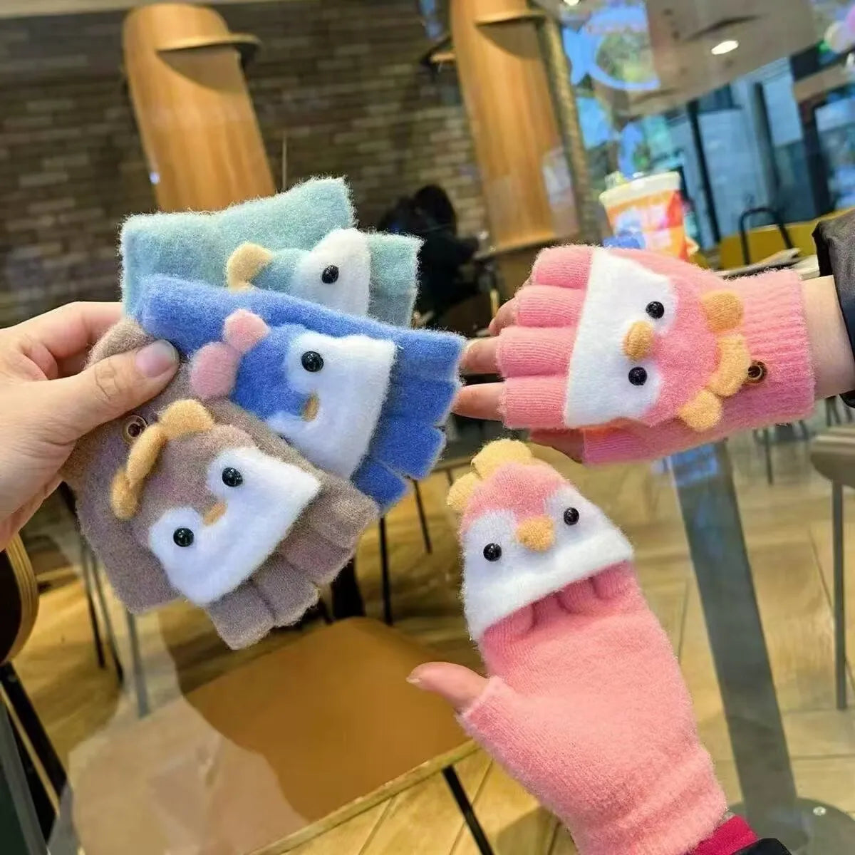 Kids' Penguin Flip-Top Mittens – Half-Finger Winter Gloves (Ages 2–6)