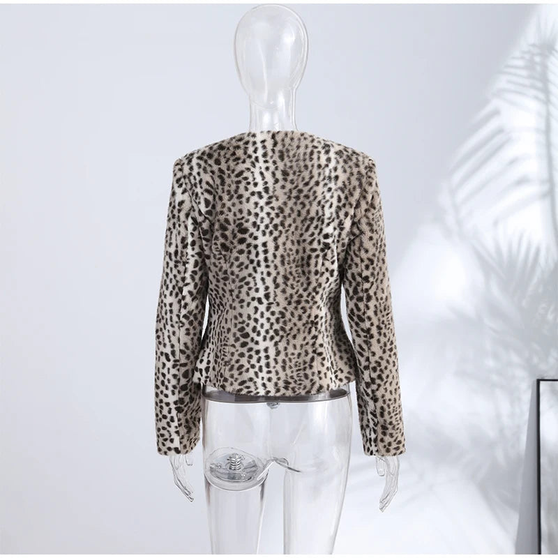 Street Leopard Print Fur Cuffs Jacket Women Stand Collar Full Sleeve Buttons Jackets 2026 Autumn Winter Fashion Lady Outwear