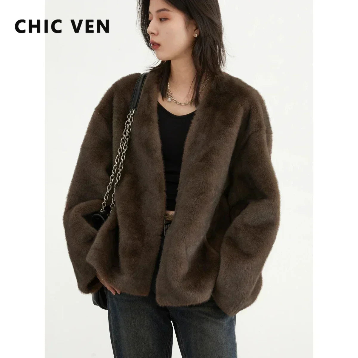 CHIC VEN Women's Jacket Loose Casual Solid Overcoat New Female Plush Coat V-neck Woman Outerwear Autumn Winter 2026
