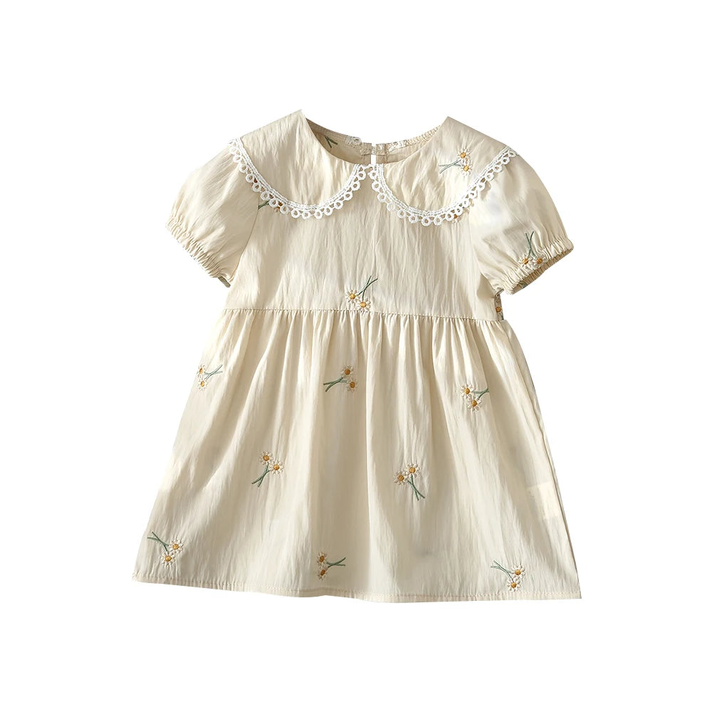 Girls' Beige Embroidered Doll Collar Dress - Bubble Sleeve Princess Dress, 6M-3Y