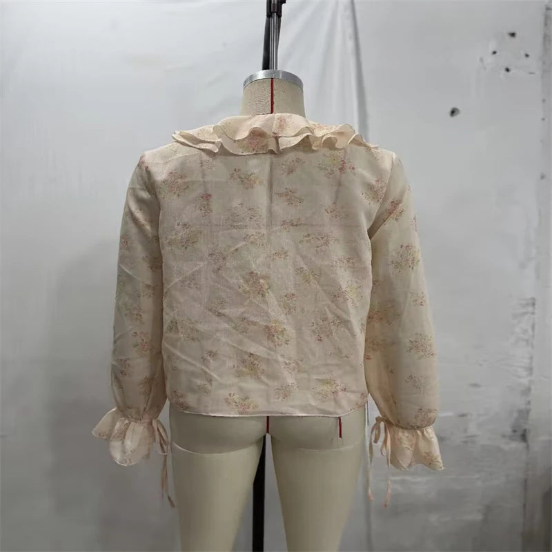 Guobioziy Elegant Women Floral Print Chiffon Blouse Ruffle Trim V‑Neck Flare Sleeve Top For Dating Office Daily Outfi