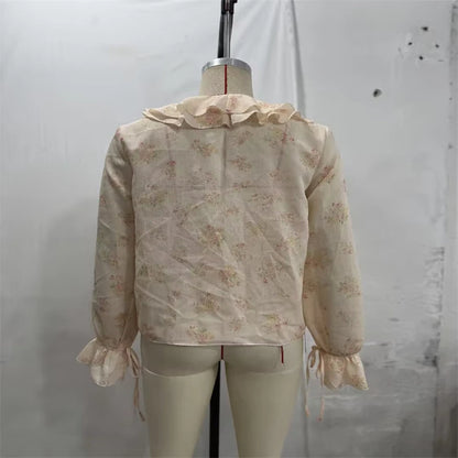 Chiffonbluse mit Blumenmuster, Rüschen und V-Ausschnitt