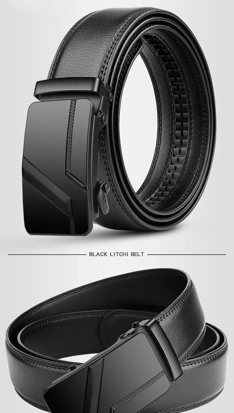 Men's Automatic Buckle Belt – Black Faux Leather Ratchet Belt, 110–130 cm