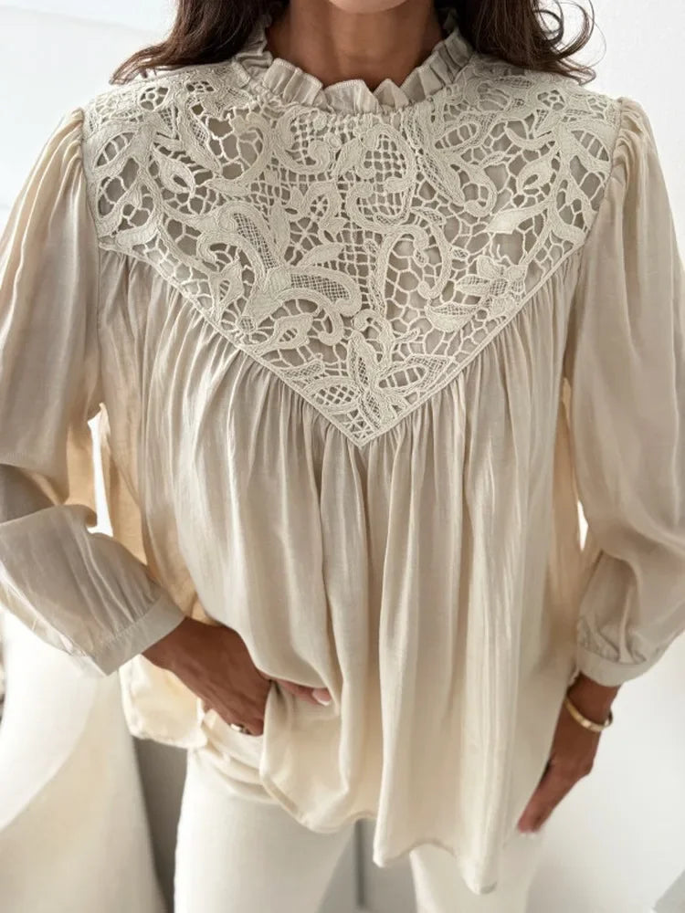 Mori New Chic Women Spring Autumn Lace Spliced Chiffon Blouse Ruffle Neck Lantern Long Sleeve Loose Fit Elegant Daily Tops