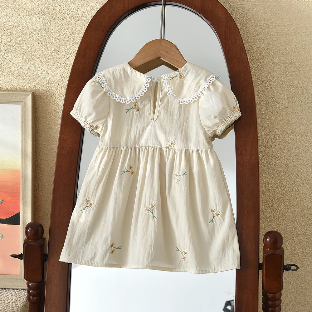 Girls' Beige Embroidered Doll Collar Dress - Bubble Sleeve Princess Dress, 6M-3Y