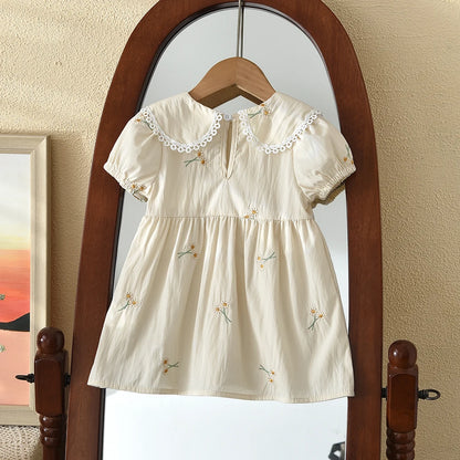 Vestido beige bordado para niña con cuello de muñeca - Vestido de princesa con mangas abullonadas, 6M-3A