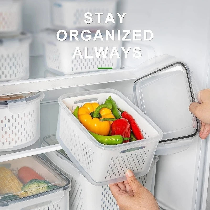 6-Piece Fridge Produce Containers with Drain Baskets & Sealed Lids