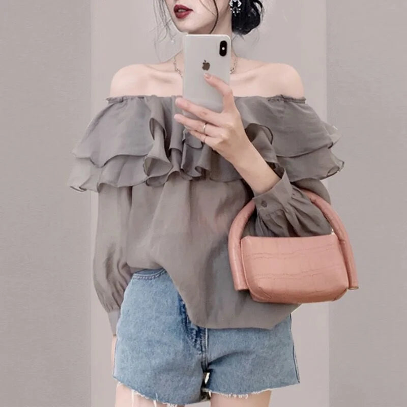 2026 Korean Elegant Sweet Lyocell Blouse Fashion Autumn Off Shoulder Ruffle Slash Neck Long Sleeve Shirt Plus Size Spring Tops