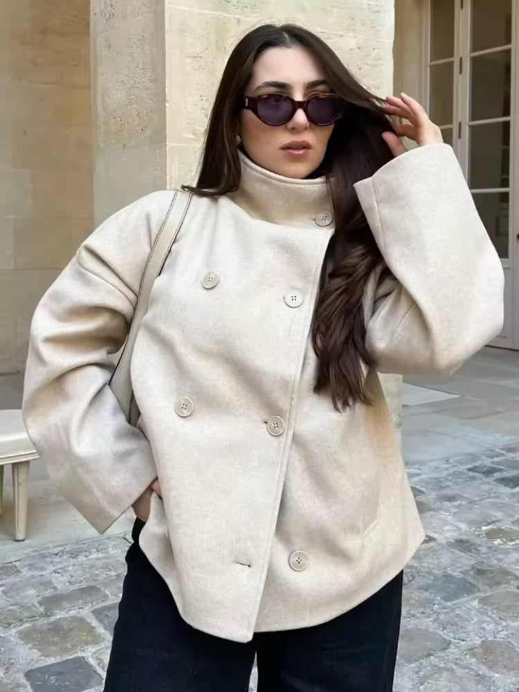 Classic Black High Neck Faux Wool Coats Women Chic Double Breasted Wide Sleeve Pocket Jackets Fall Winter Street Loose Outerwear