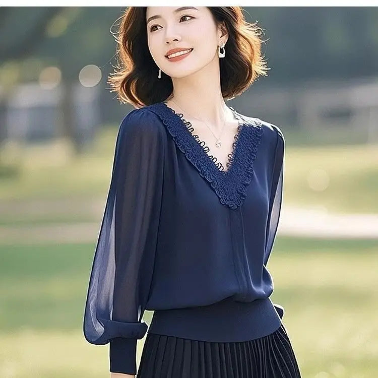 Spring Autumn Office Lady Lace Patchwork Solid Color V-neck Long Sleeve Shirts Female Fashion Net Yarn Lantern Sleeve Blouse