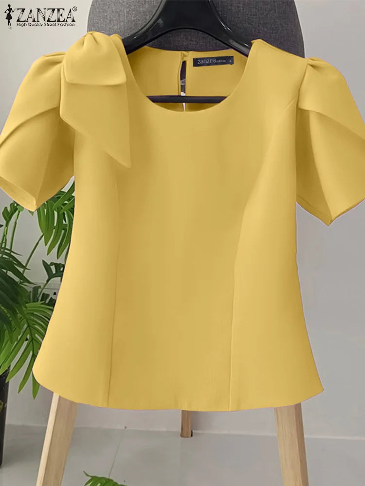 Women Blouse ZANZEA Elegant Office Lady Summer Short Puff Sleeve Bow Fashion Shirts 2025 Casual Solid Color Tops Tunic Blusas