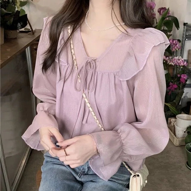 V-Neck Lace-Trim Chiffon Blouse