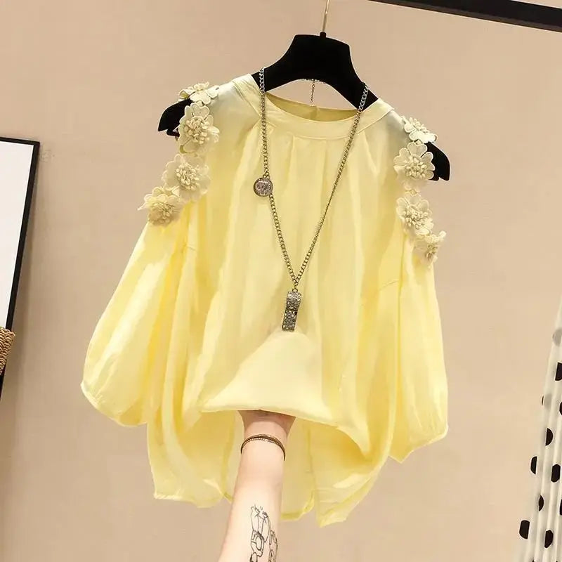 Flower Three-dimensional Decoration Raglan Sleeve O-Neck Pullover Women's Blouse Shirt Female Fashion Blouses Women Clothing