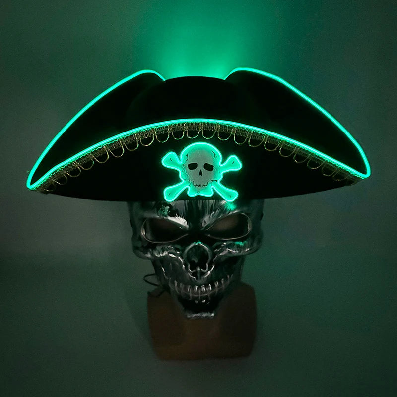 LED Light-Up Pirate Captain Hat - Glowing Tricorn Costume Hat for Halloween & Parties