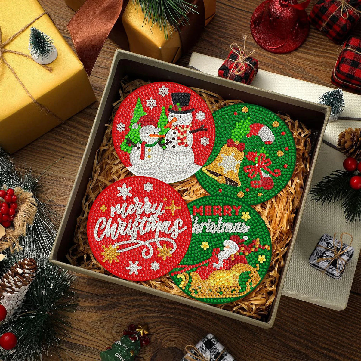 DIY Christmas Diamond Painting Coasters – Set of 8 with Holder