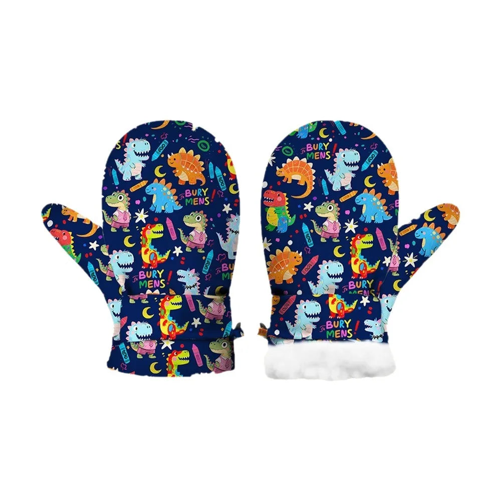 Kids' Printed Fleece-Lined Snow Mittens with Anti-Lost Clip