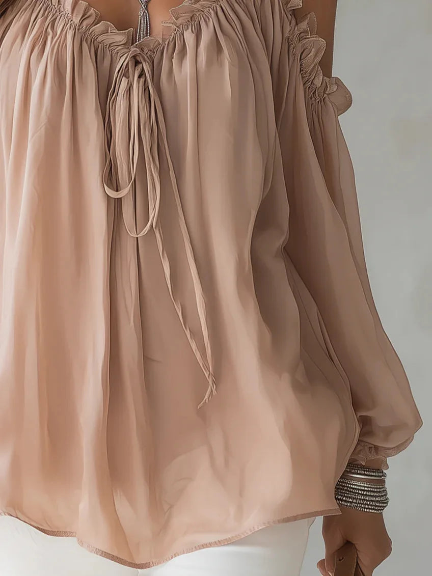 Elegant Off Shoulder Blouse Ruffled V Neck Lace Up Puff Sleeve Chiffon Shirts Loose Casual Summer Fashion Women Long Sleeve Top