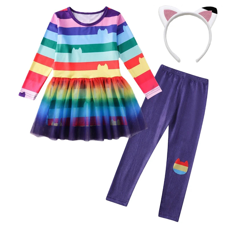 Girls' Rainbow Tutu Cat Costume Set - Top, Skirt & Pants Party Outfit, Ages 3-10