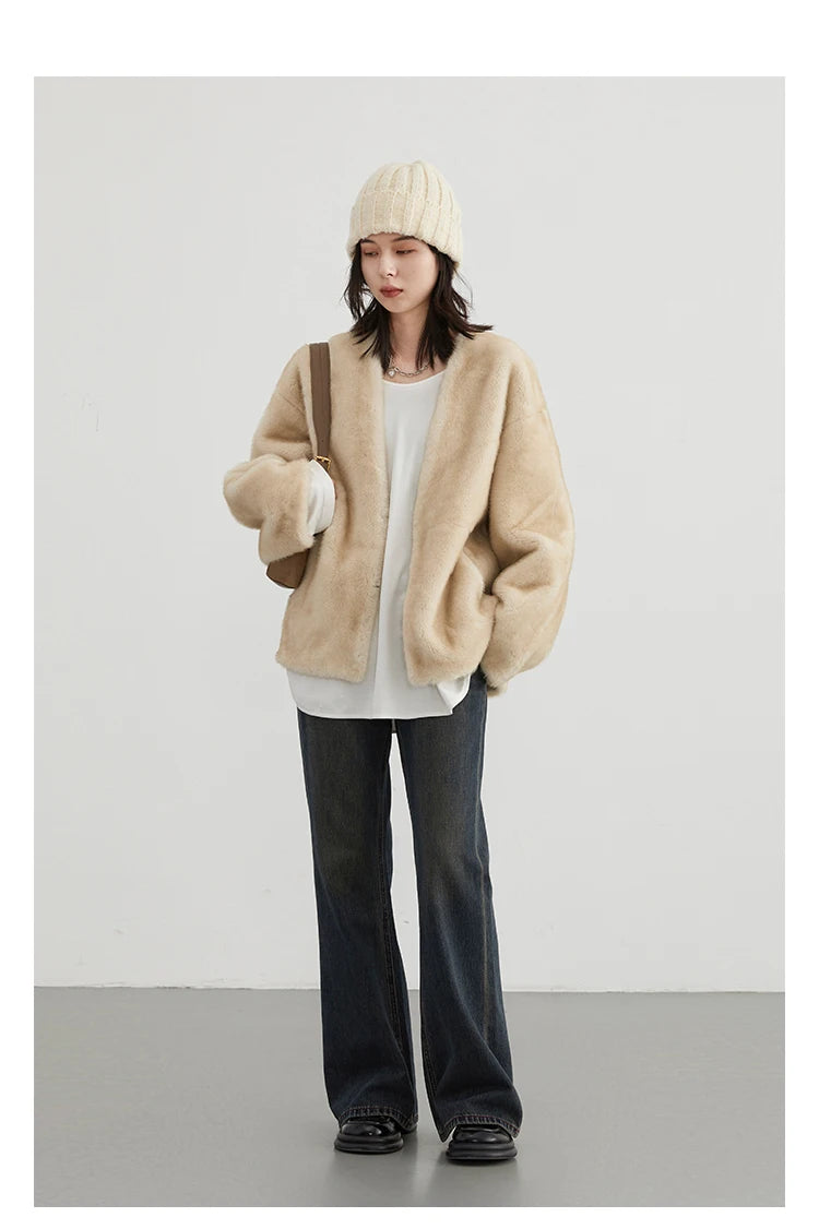 CHIC VEN Women's Jacket Loose Casual Solid Overcoat New Female Plush Coat V-neck Woman Outerwear Autumn Winter 2026
