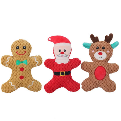 Plüsch-Kauspielzeug für Hunde mit Quietschgeräusch, Weihnachtsmotiv mit Nikolaus, Rentier, Lebkuchenmännchen und Donut, Weihnachts-Plüschspielzeug für Katzen und Hunde, Quietsche-Haustierspielzeug