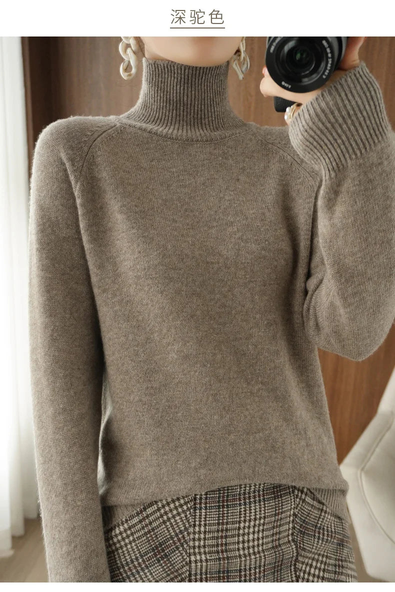 Fashion Basic Autumn Winter Merino Wool Sweater Mock Neck Cashmere Pullover Solid Color Soft Long Sleeve Basic Clothing Tops