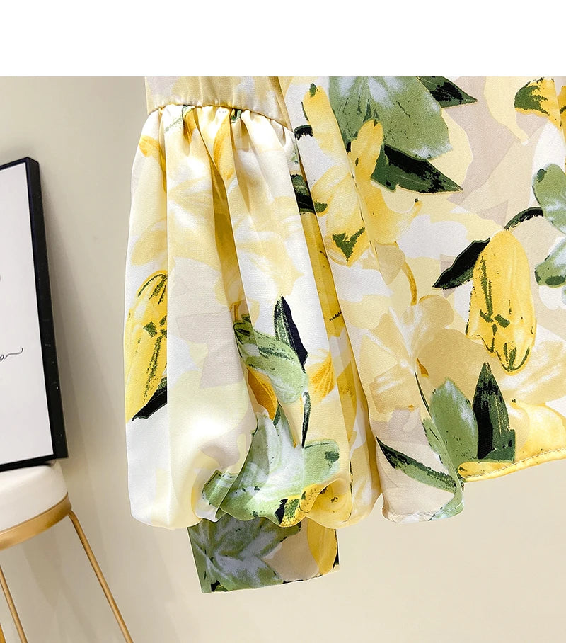 Yellow Floral Printing Chiffon Stand Collar Lantern Sleeve Pullover Women's Blouse Shirt Casual Female Clothing Tops Fashion