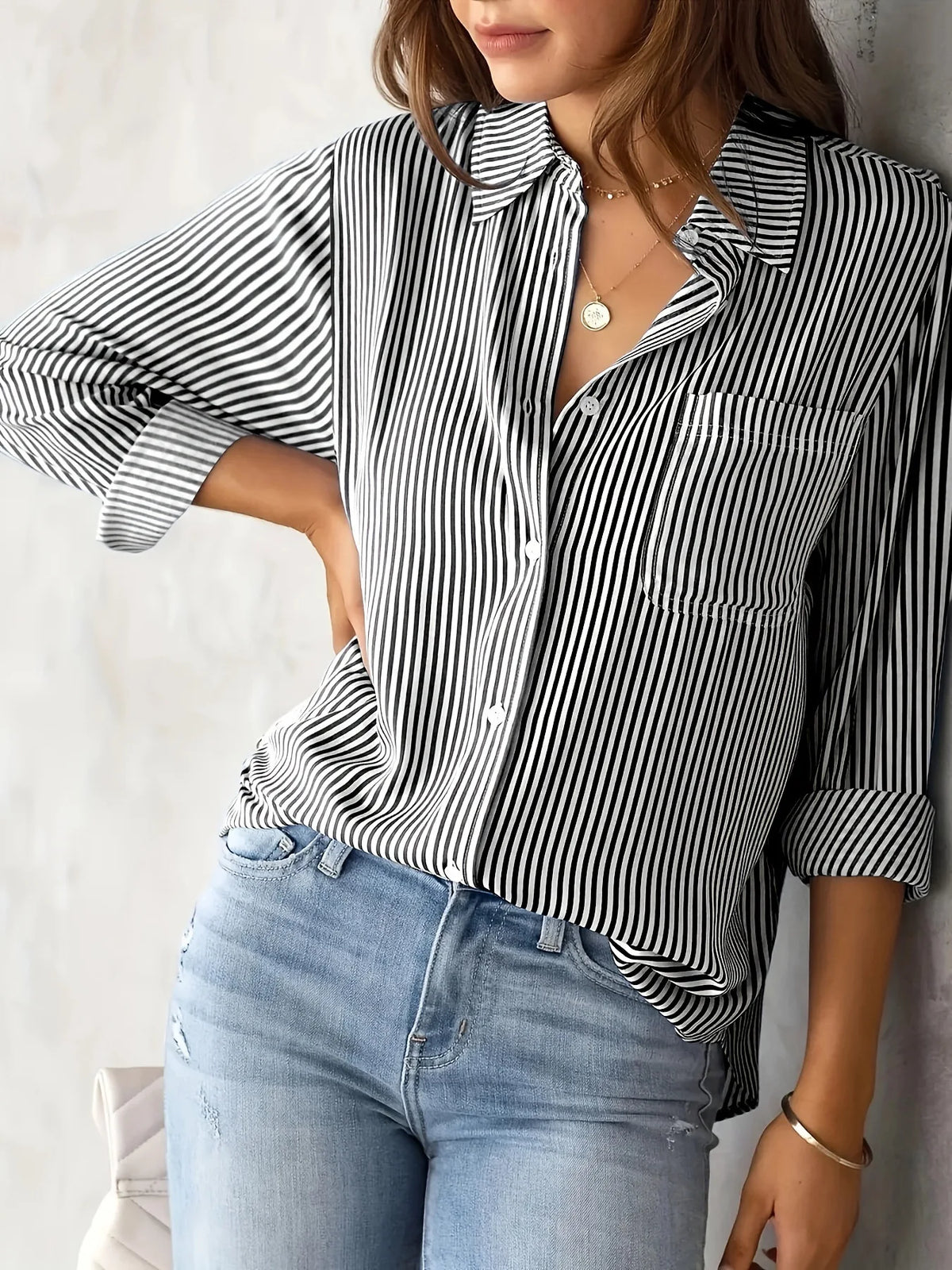 Women Long Sleeve Striped Loose Shirt Office Lady Elegant Turn Down Collar Harajuku Blouse Casual Lapel Tops Female Clothes