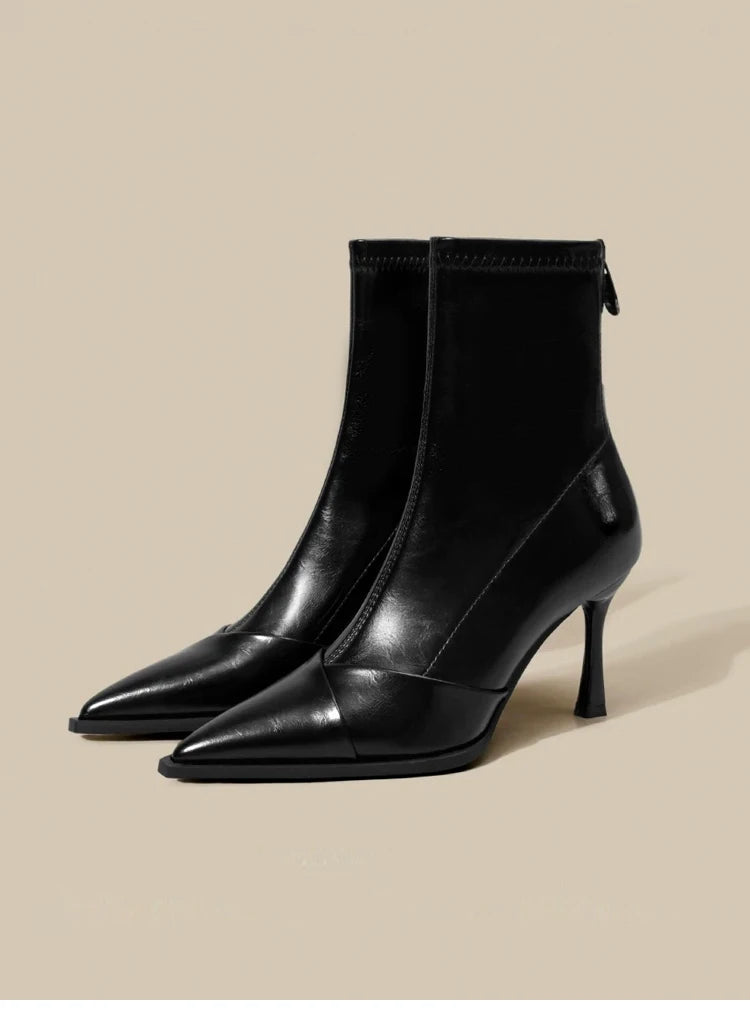 Black Pointed Toe High Heel Short Boots Women's Autumn Winter New Style Elastic Slim Fit Short Tube Boots Korean Version