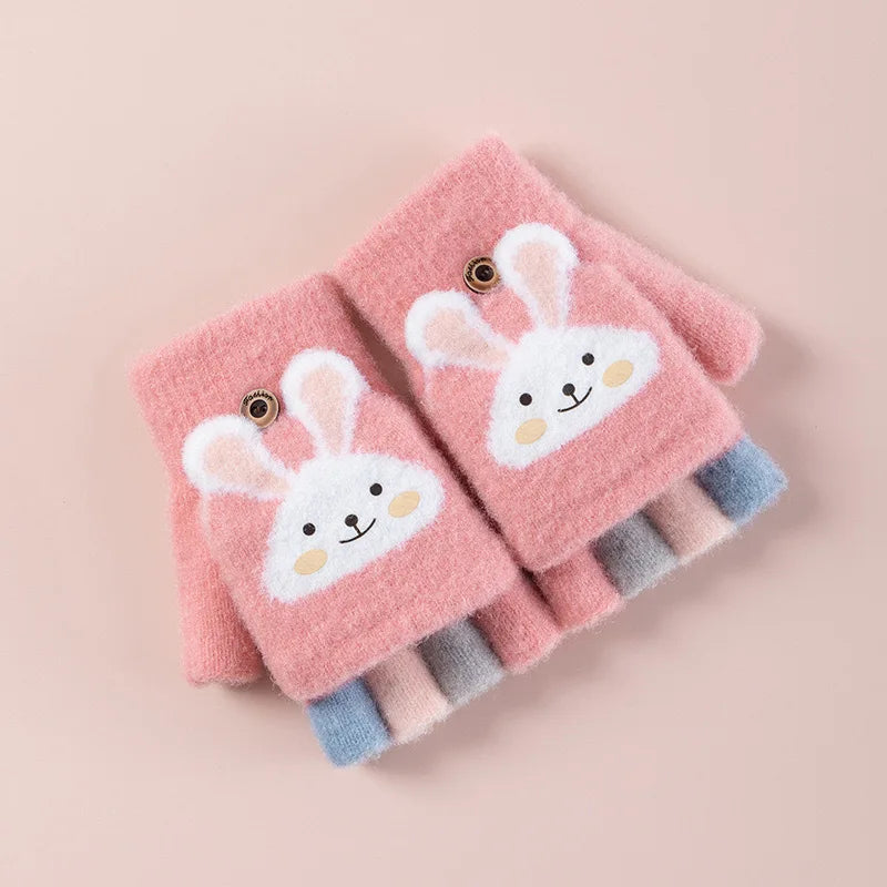 Kids' Bunny Flip-Top Knit Gloves – Half-Finger Mittens (Ages 4–11)
