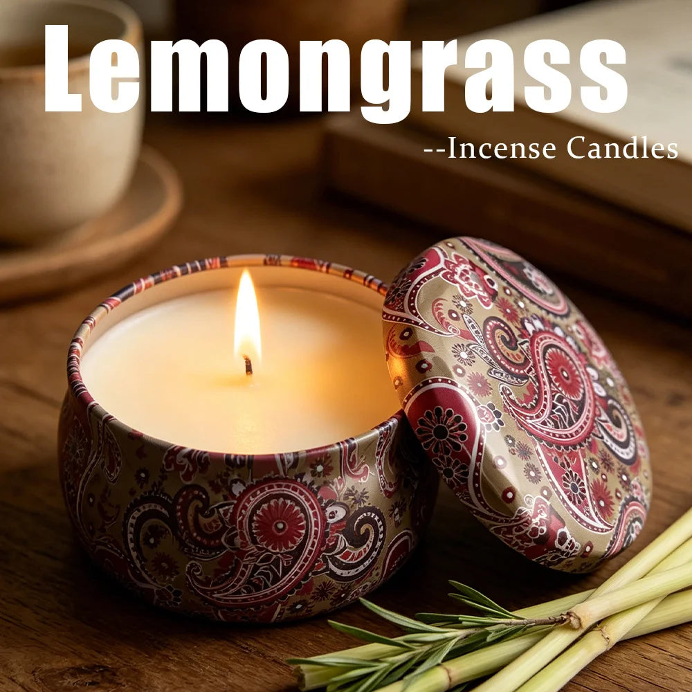 Exquisite Scented Candles in a Tin Box, Containing 4 Flavors Including Honeysuckle, Lavender, Lemongrass, and Freesia, Essential Oil-Infused, with Long-Lasting Fragrance, Suitable for Home, Office, Yoga, and Meditation