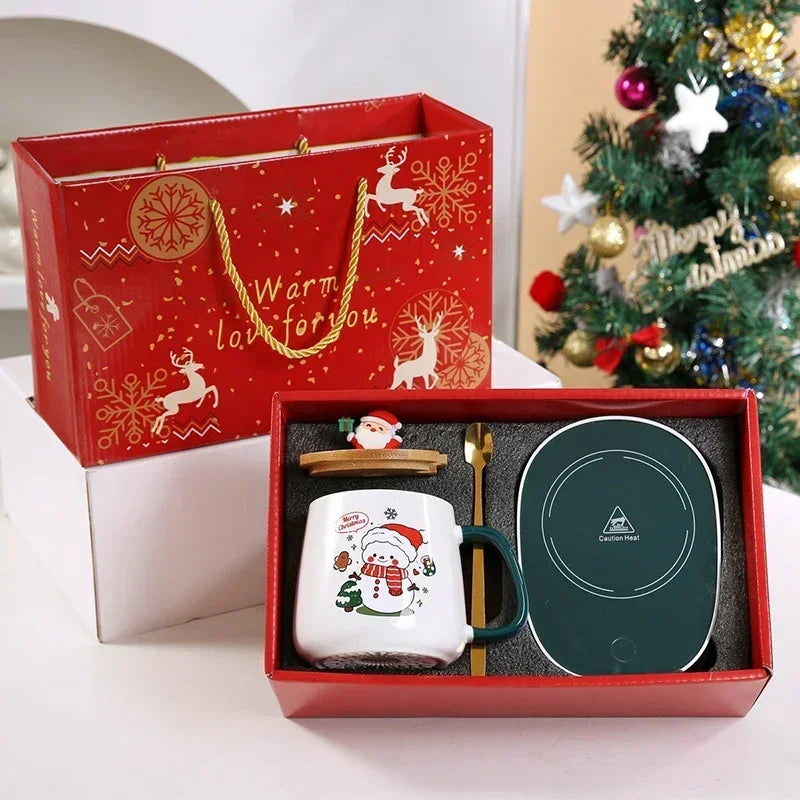 Santa Mug Warmer Gift Set – Ceramic Mug with Lid, Spoon & 55°C Warming Coaster