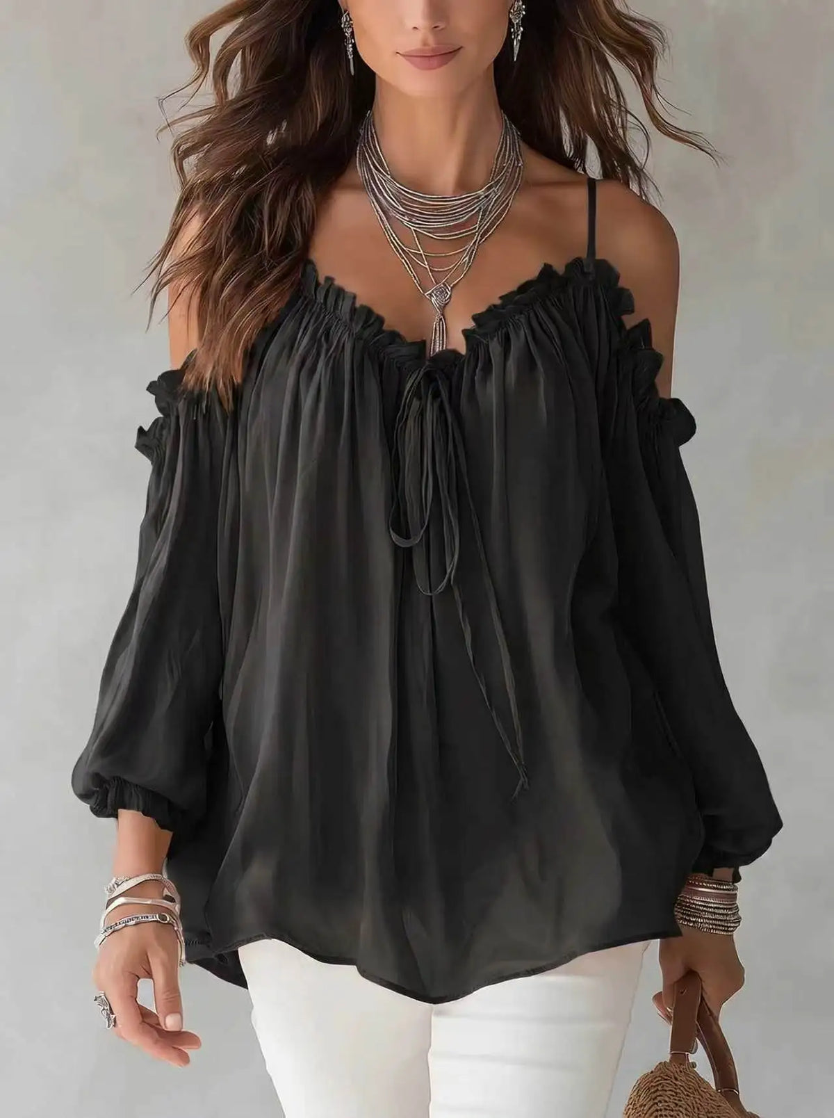 Elegant Off Shoulder Blouse Ruffled V Neck Lace Up Puff Sleeve Chiffon Shirts Loose Casual Summer Fashion Women Long Sleeve Top