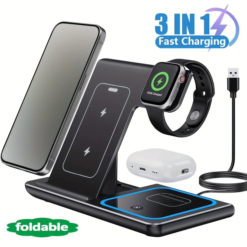 Foldable 3-in-1 Wireless Charging Station for Phone, Watch & AirPods