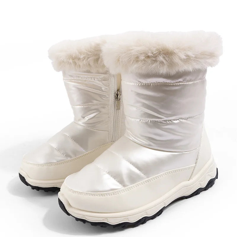 Girls' Waterproof Plush Snow Boots – White