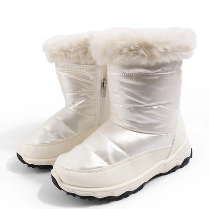 Girls' Waterproof Plush Snow Boots – White