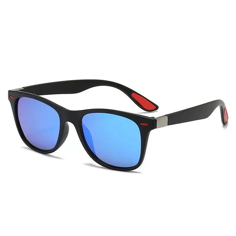 Black-framed sunglasses with blue lenses on a white background