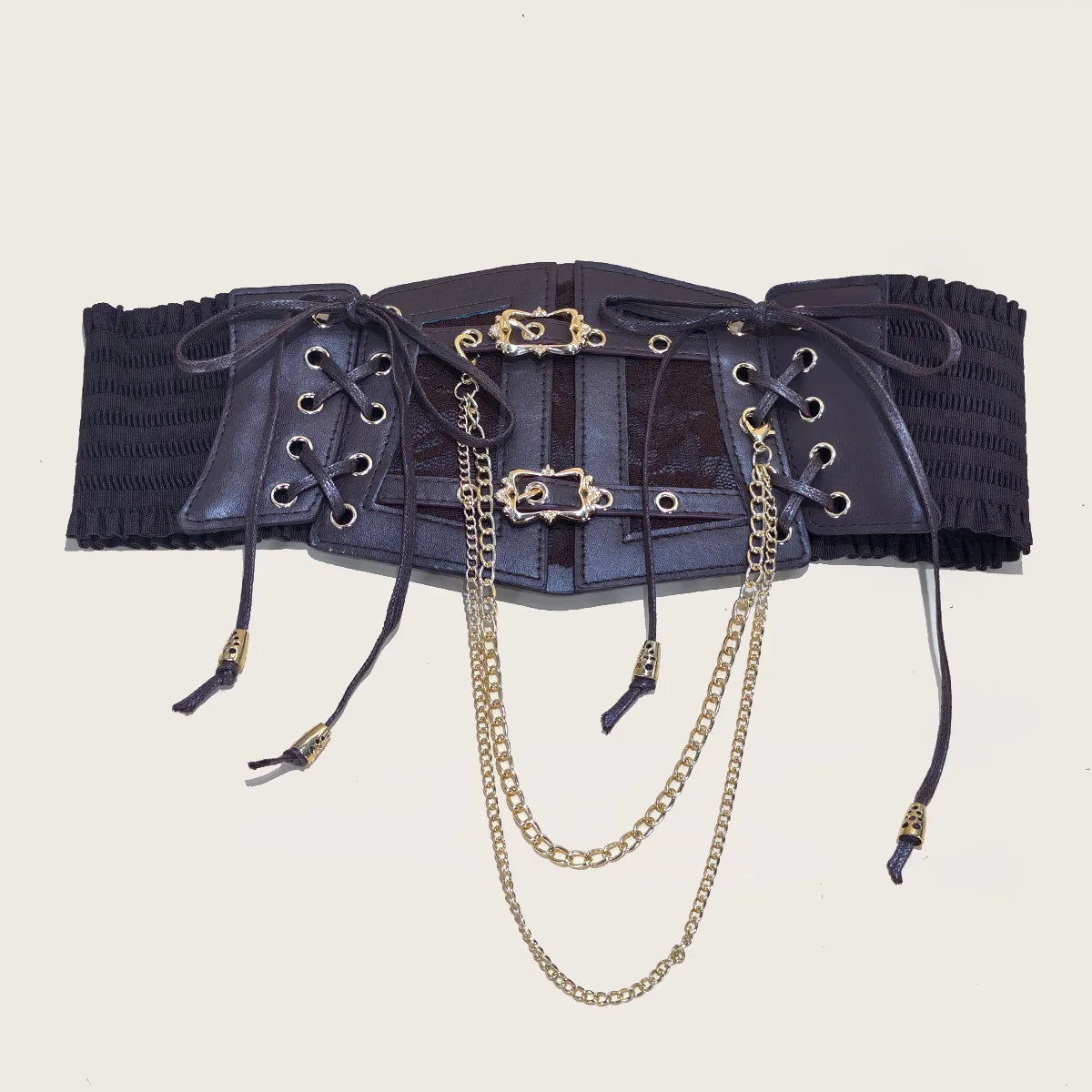 Lace-Up Corset Belt with Chain – Wide Faux Leather Waist Belt