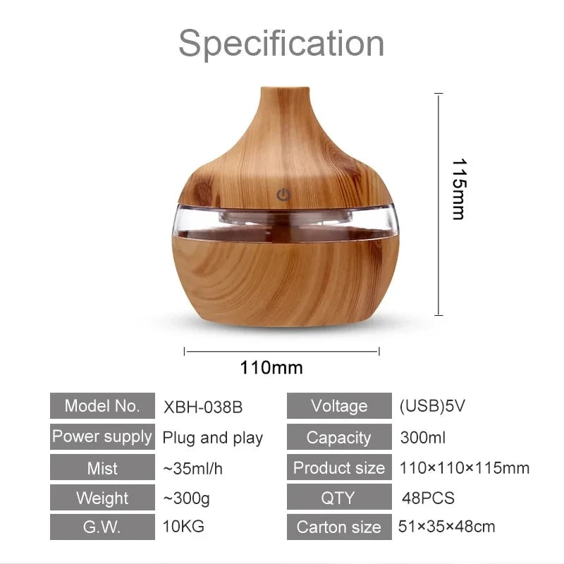 Humidificateur électrique diffuseur d'arômes en bois ultrasonique, humidificateur d'air diffuseur d'huiles essentielles brumisateur froid pour la maison 300 ml
