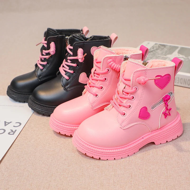 Black/pink Girls Leather Boots Velvet with Anti Slip Low Cut Side Zipper Winter Outdoor Girls Fashion Single Boot